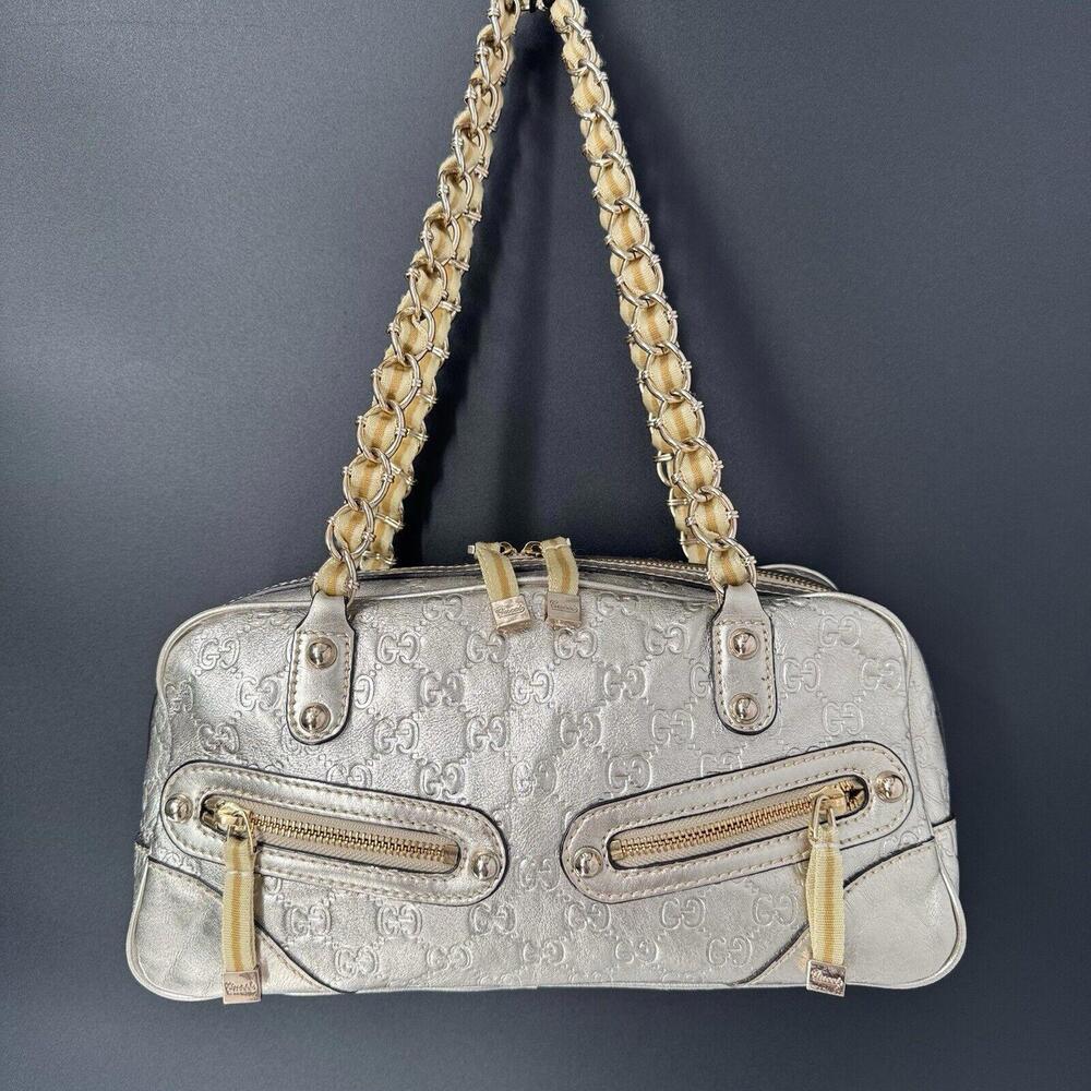 GUCCI Gold Purse Shoulder Bag Chain Strap  GG Leather Authentic